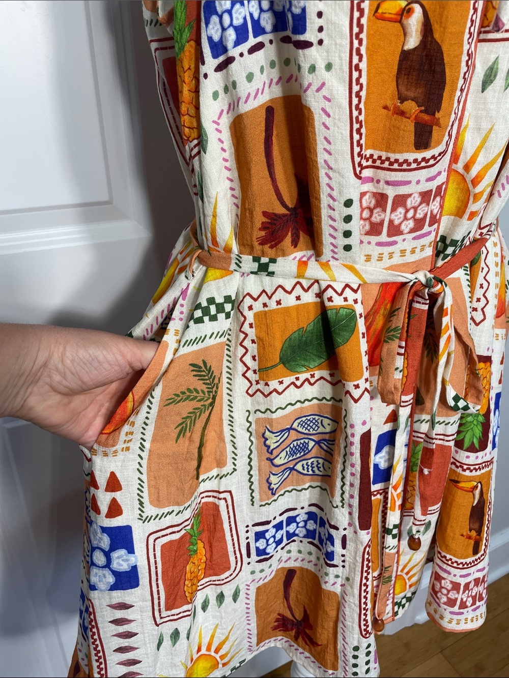 Ciebon Kyndra Grid Print Halter Dress Large Tropical Print Pineapple Toucans - Picture 7 of 14